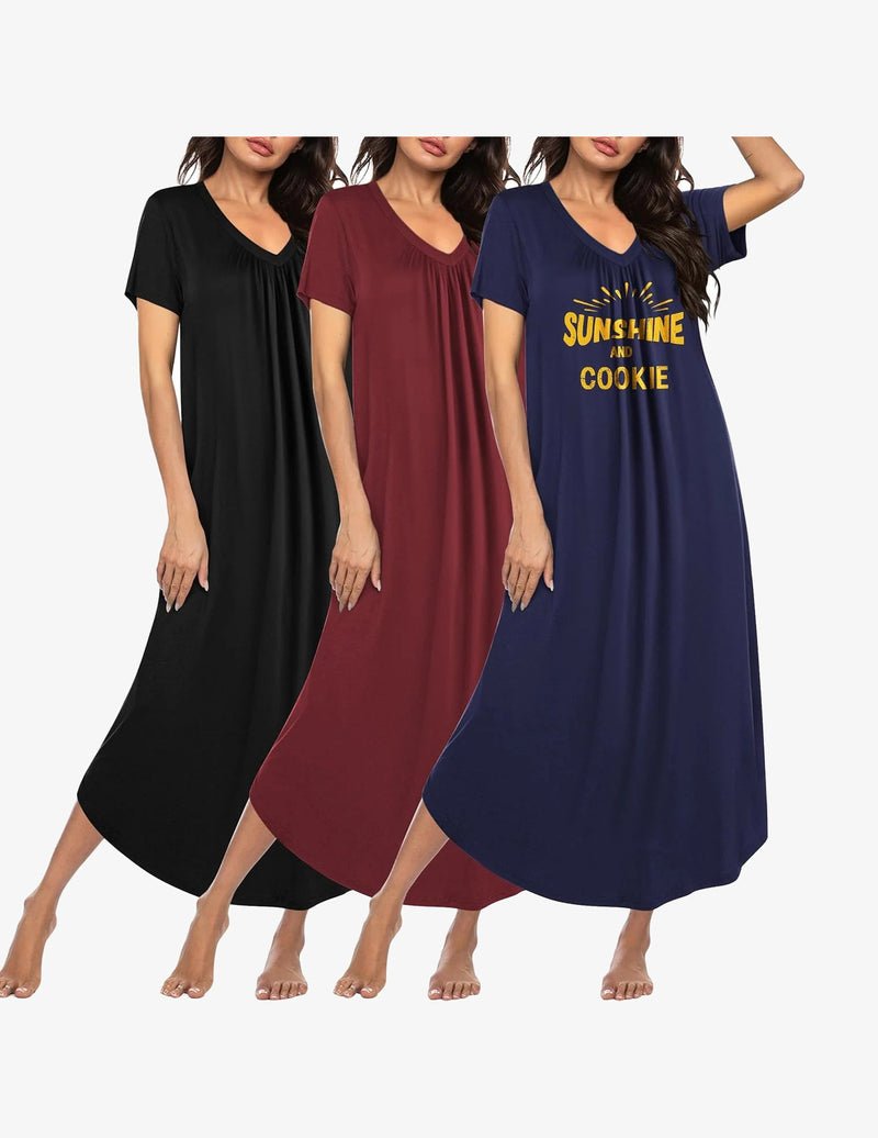 3-pack long nightgowns, black/burgundy/dark blue graphic, V-neck short sleeves, plus size