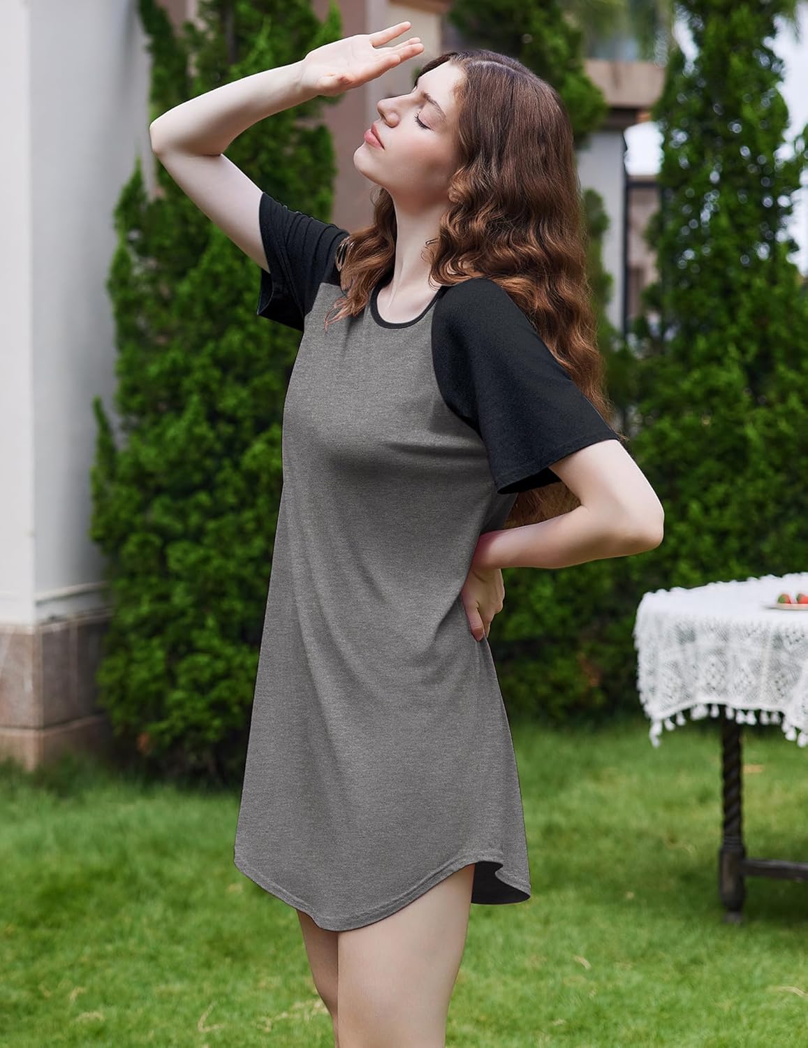 Short-sleeve sleep shirt nightgown in heather gray with dark sleeves