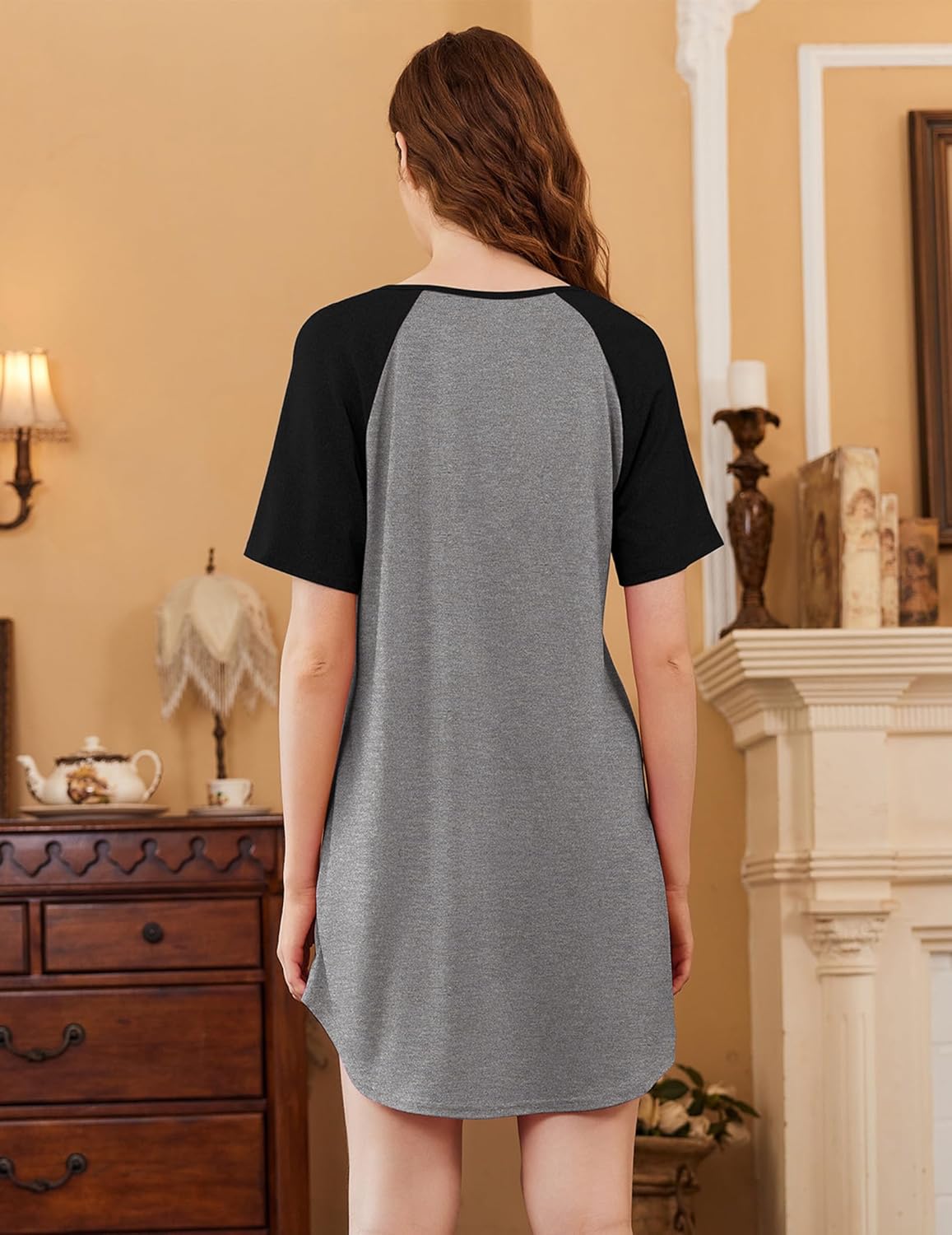 Back view sleep shirt nightgown: heather gray with black raglan sleeves