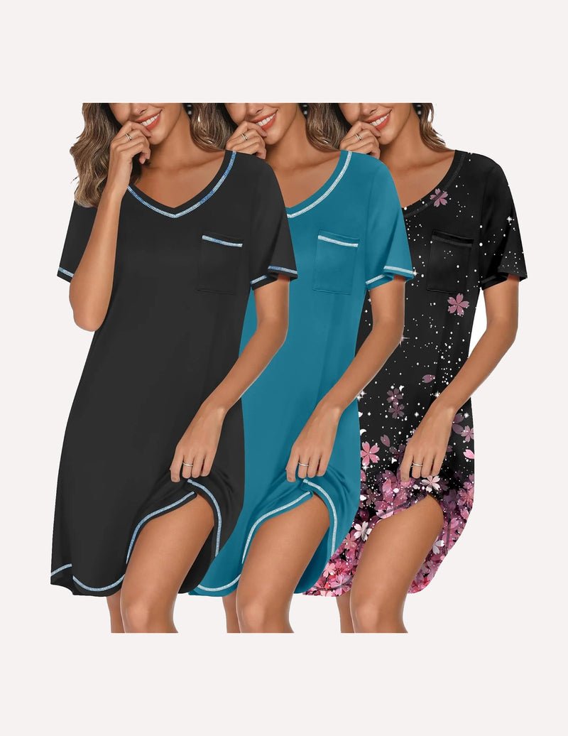 Drei Damen-Nachthemden: schwarz, petrolblau und schwarz mit rosa Blumenprint, Kurzarm