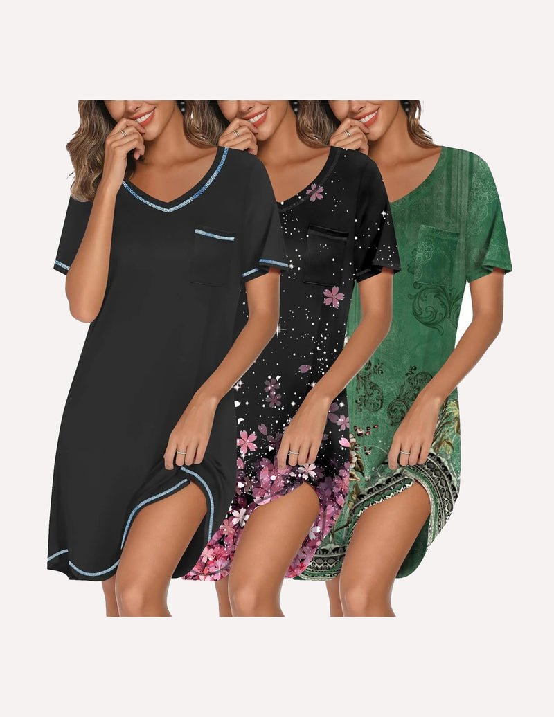 3-pack V-neck short-sleeve nightgowns: black, black pink floral star print, and green floral