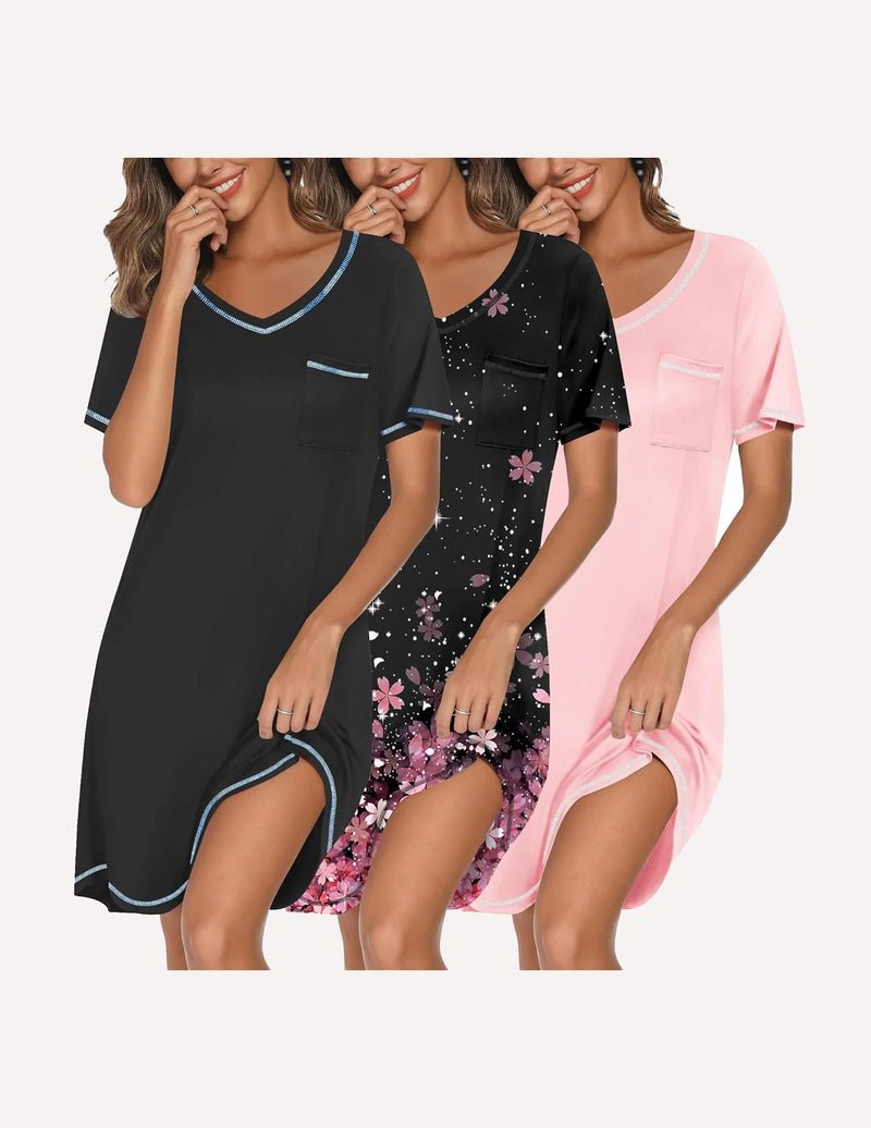 3-pack V-neck short-sleeve nightgowns: black, black pink floral star print, and pale pink solid