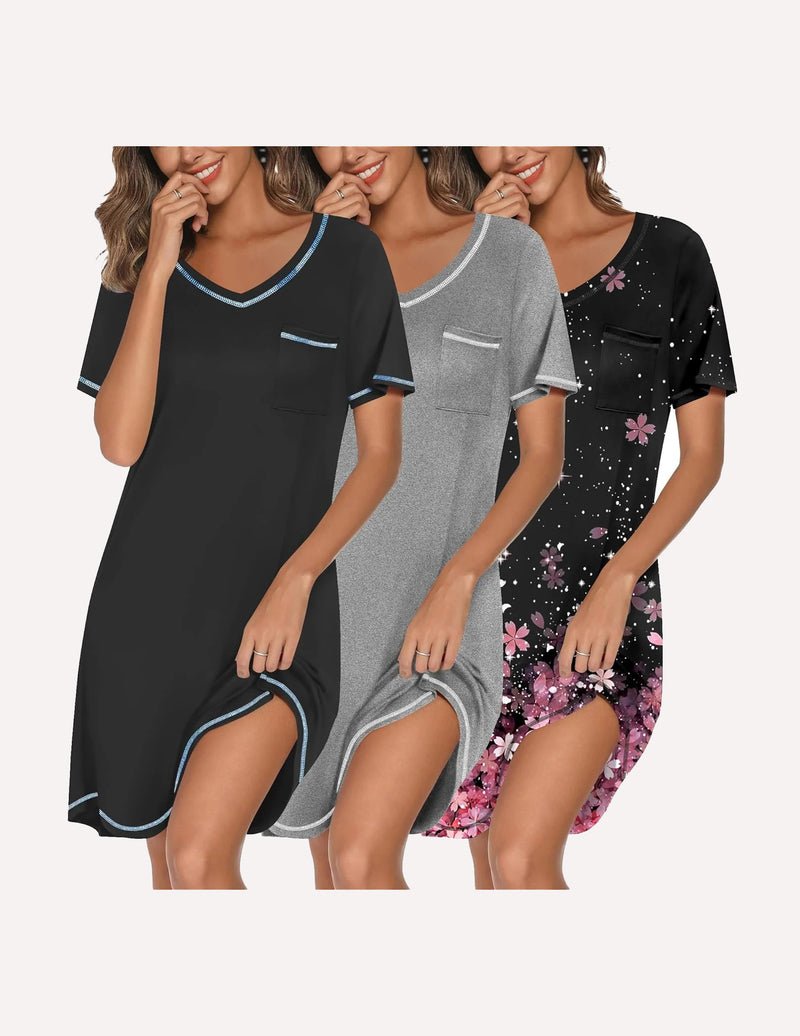 3-pack V-neck short-sleeve nightgowns: black, heather gray solid, and black pink floral star