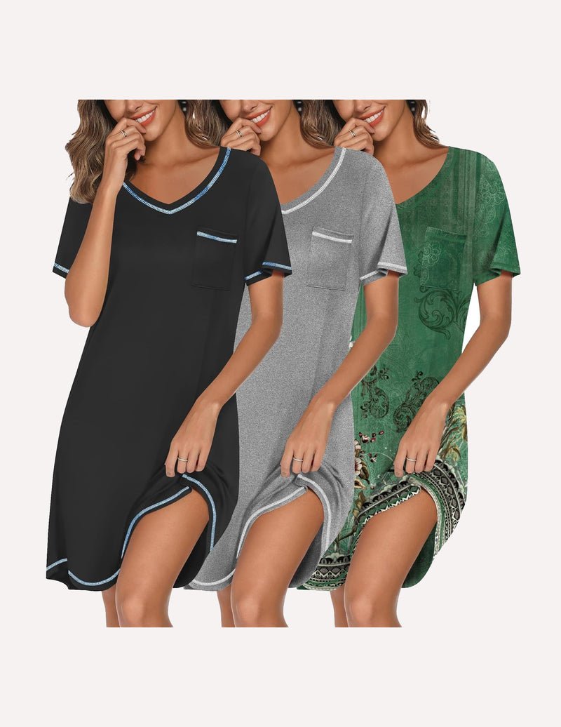 3-pack V-neck short-sleeve nightgowns: black, heather gray, and green floral print