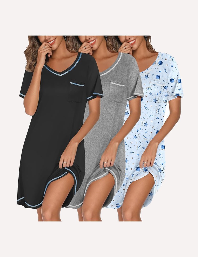 3-pack V-neck short-sleeve nightgowns: black, heather gray, and light blue star print