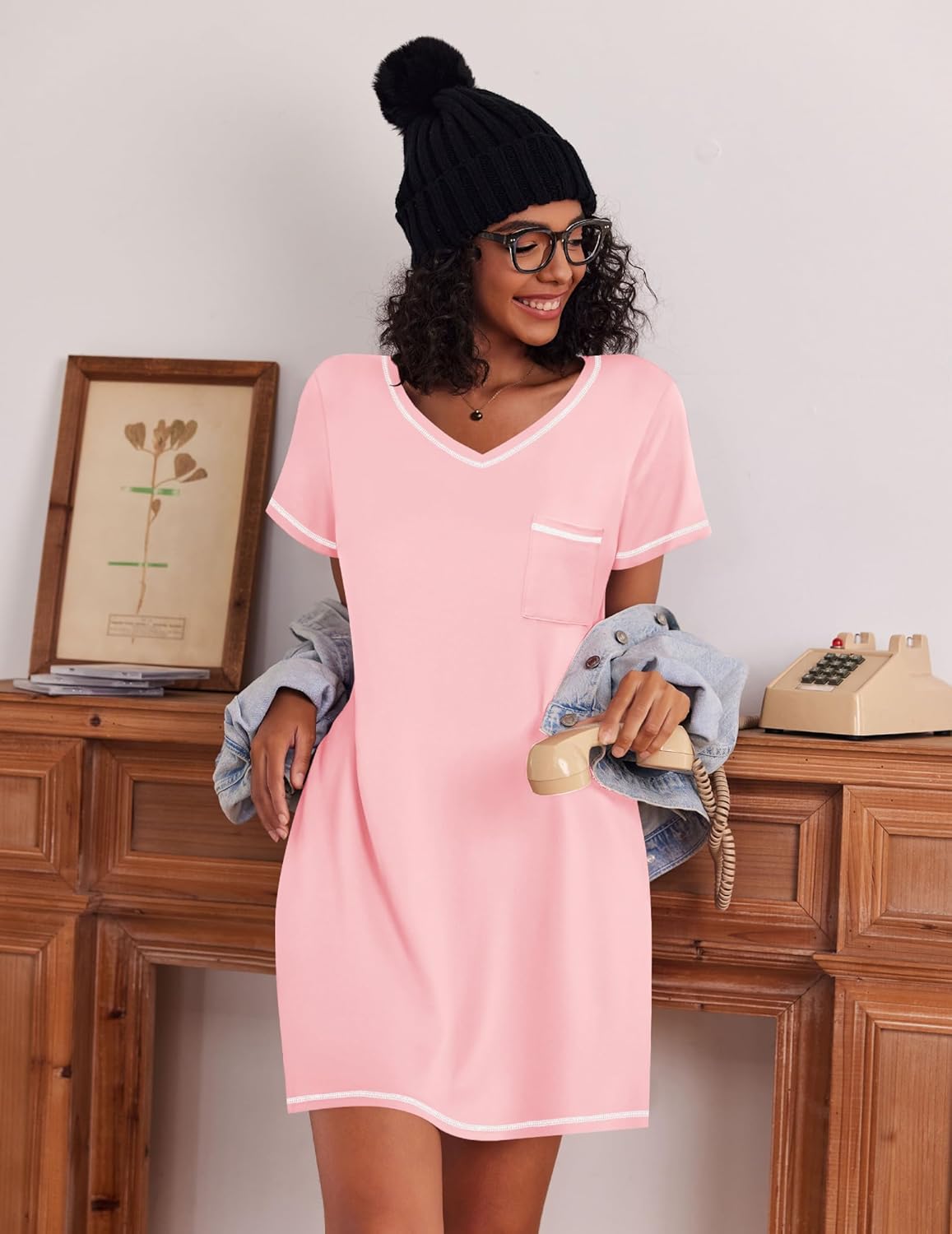 Women’s pink short sleeve V-neck nightgown with matching trim and chest pocket