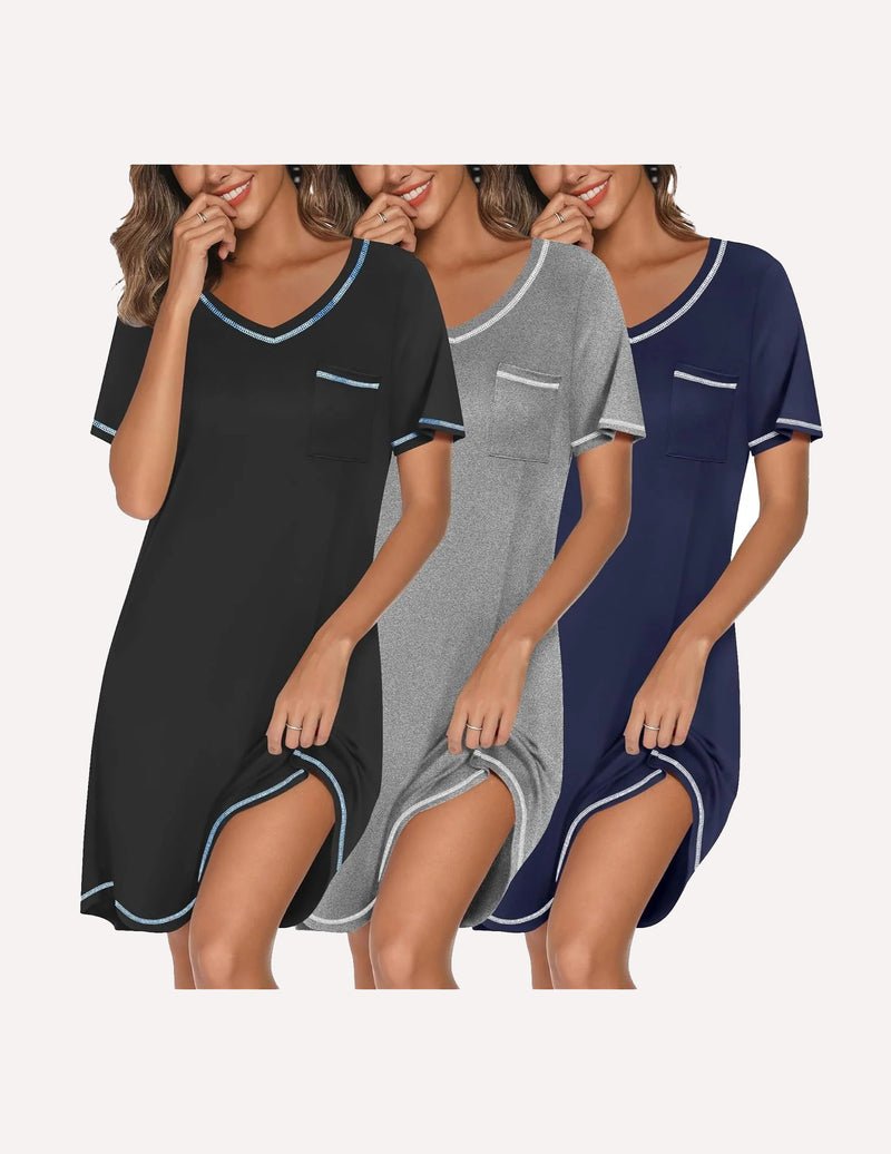 3 Pack women’s short sleeve V-neck nightgowns: black, gray, and navy with trim and chest pocket