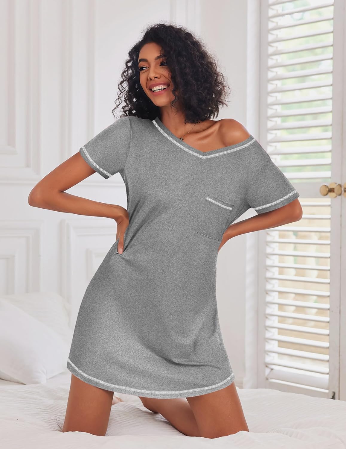 Women’s gray short sleeve V-neck nightgown with white trim and chest pocket