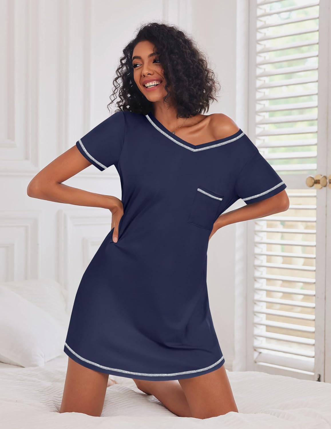 Women’s navy short sleeve V-neck nightgown with white trim and chest pocket