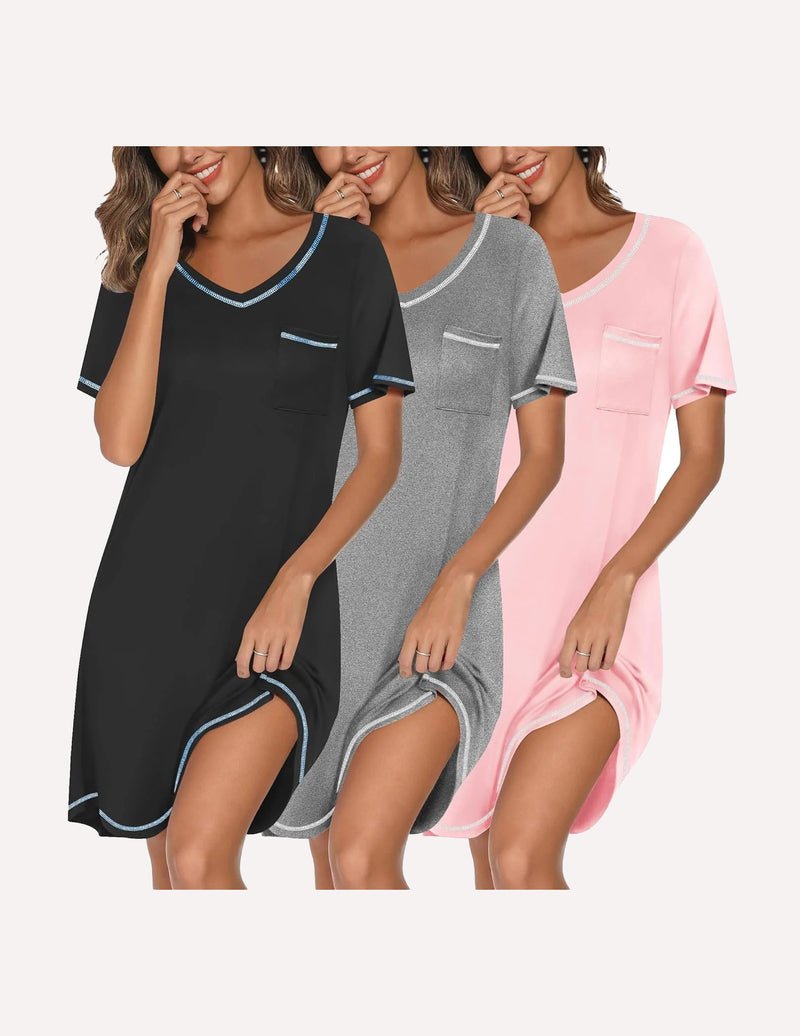 3-pack V-neck short-sleeve nightgowns: black, heather gray solid, and pale pink solid