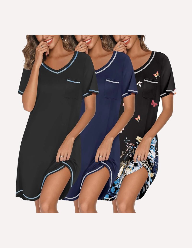 3-pack V-neck short-sleeve nightgowns: black, navy solid, and black butterfly print