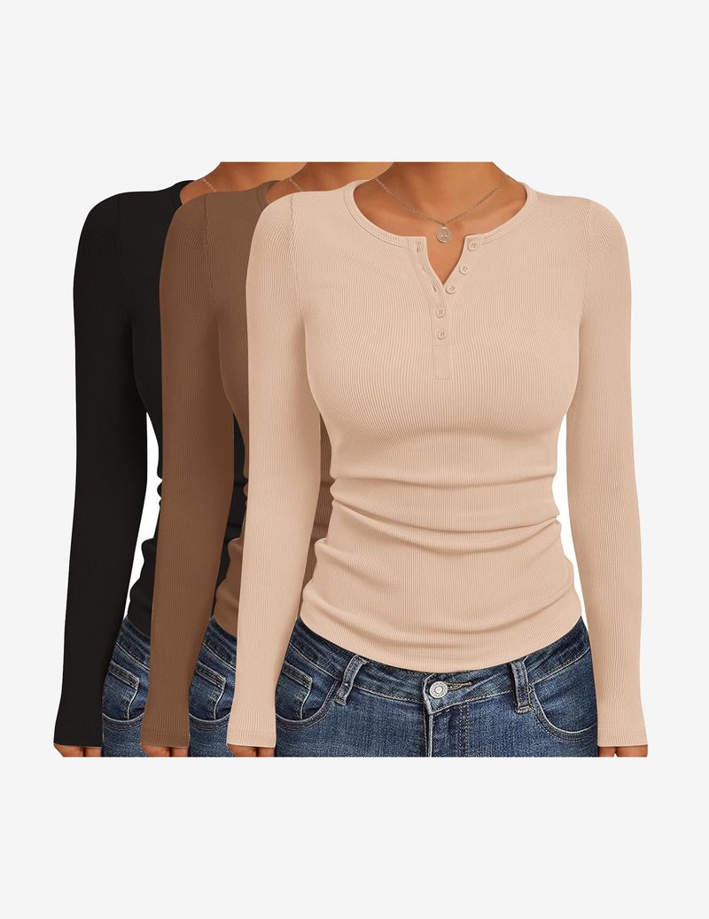 3-pack Henley ribbed long-sleeve tops: black, brown, beige with button placket