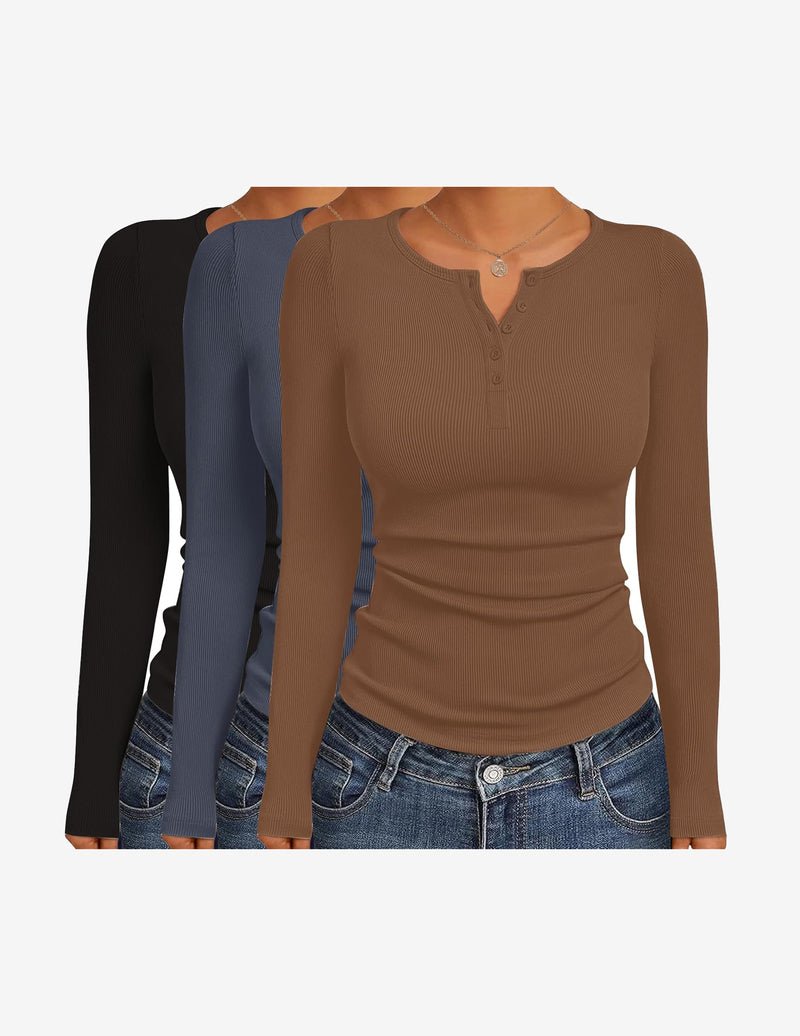 Ripp-Henley langarm mit Knopfleiste: Braun, Blau-Grau, Schwarz – 3er-Set