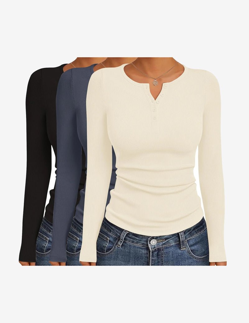 3-pack Henley ribbed long-sleeve tops: black, dark blue, beige with button placket