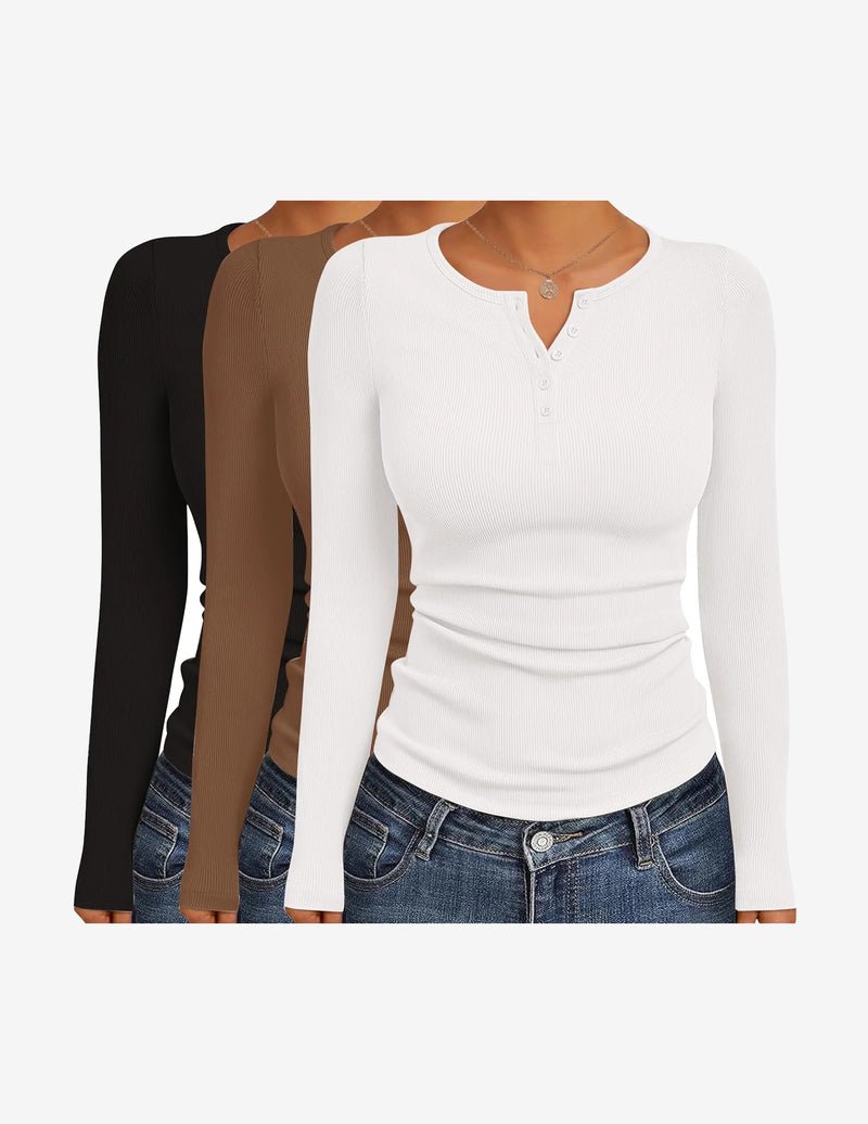 3-pack Henley ribbed long-sleeve tops: black, brown, white with button placket