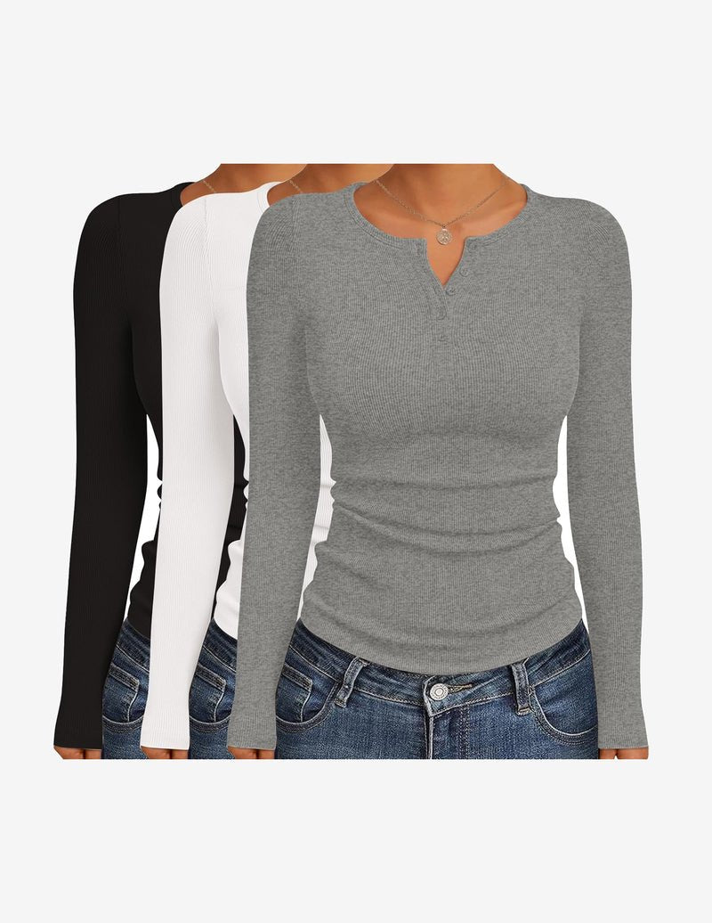 3-pack Henley ribbed long-sleeve tops: black, white, gray with button placket