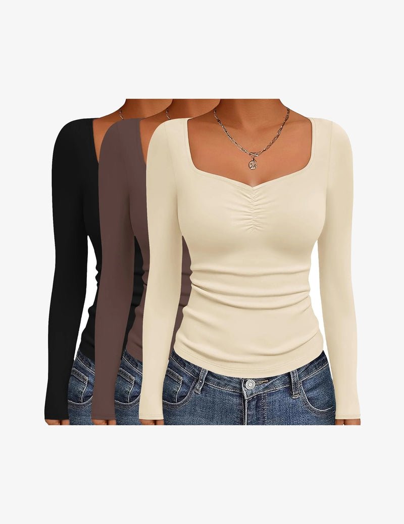 3-pack fitted long-sleeve tops, sweetheart neck: black, brown, cream/ivory