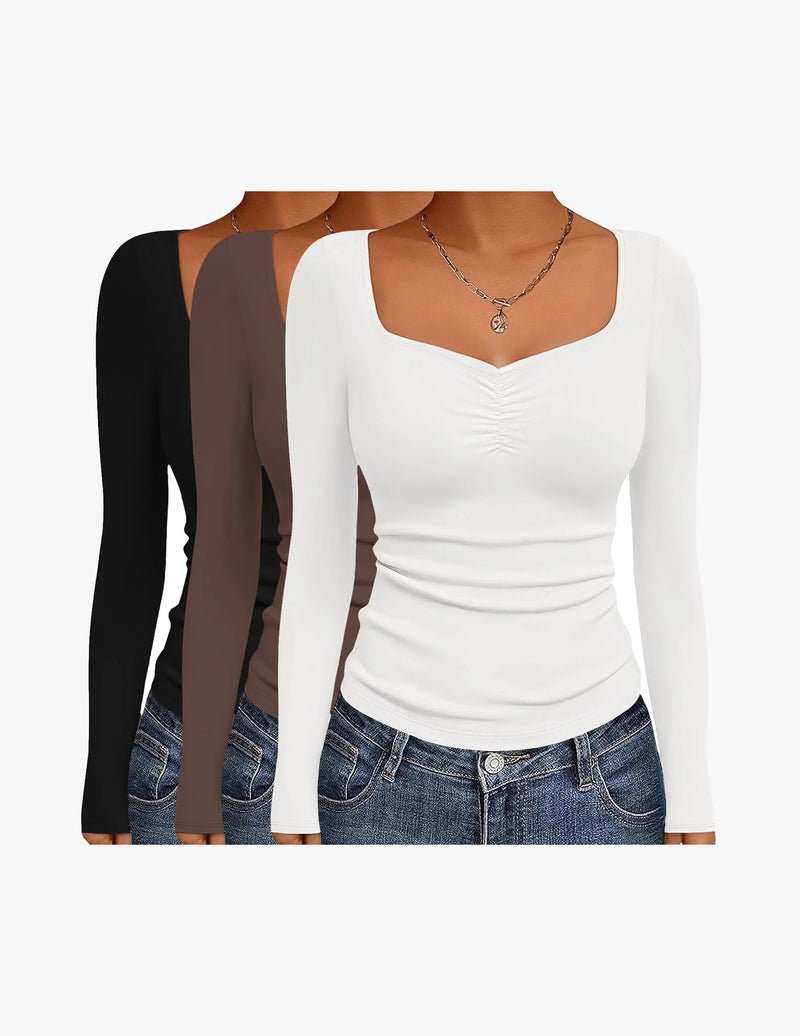 3-pack fitted long-sleeve tops, sweetheart neck: black, cocoa brown, white
