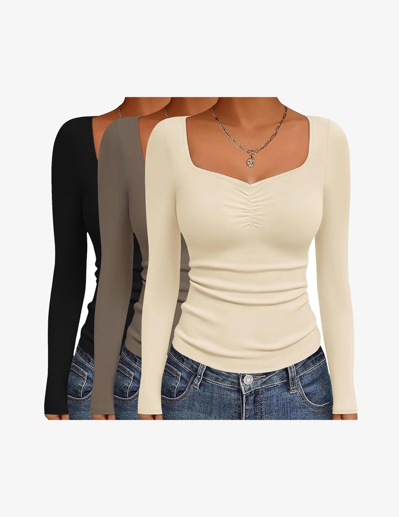 3-pack fitted long-sleeve tops, sweetheart neck: black, light gray, cream/ivory