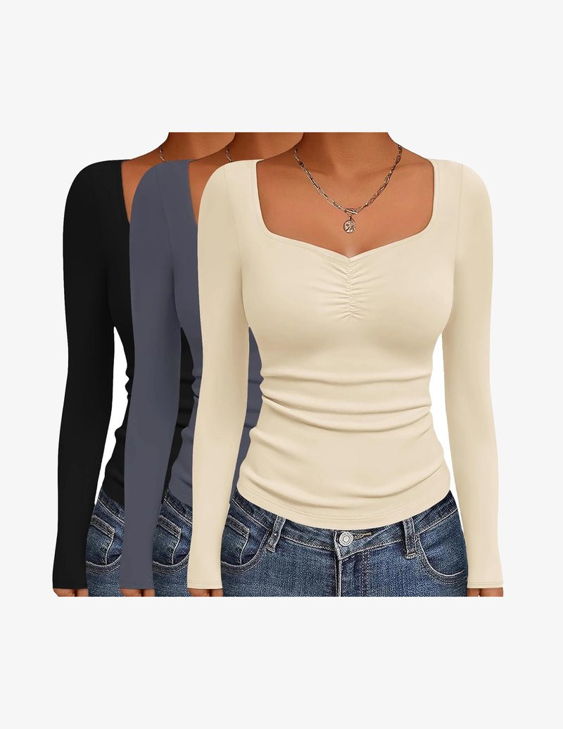 3-pack fitted long-sleeve tops, sweetheart neck: black, slate/lavender, cream/ivory