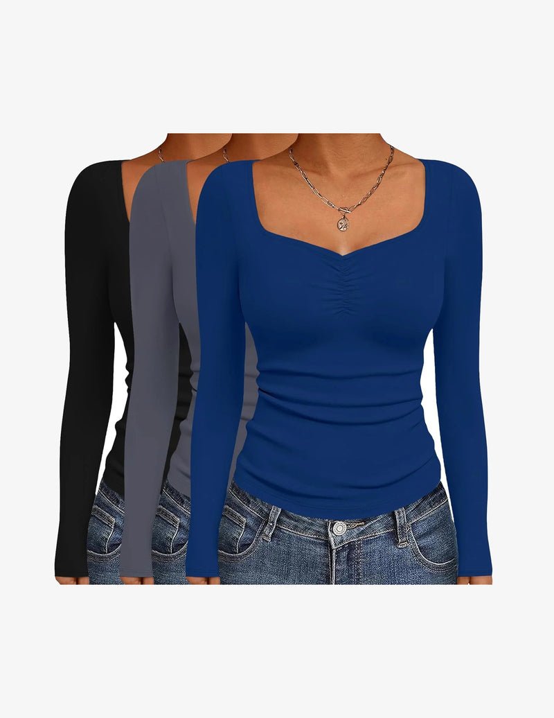 3-pack fitted long-sleeve tops, sweetheart neck: black, dark gray, royal blue