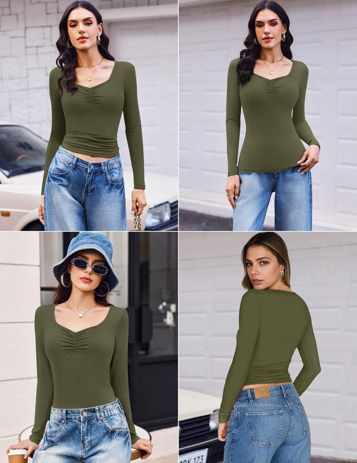 Olive fitted long-sleeve sweetheart top, ruched front