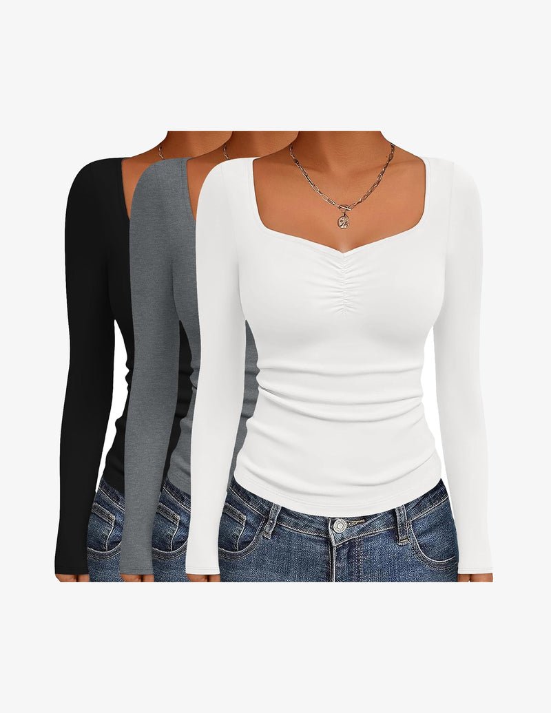 3er Longsleeve-Hemdchen mit Herz-Ausschnitt, figurbetont (schwarz, grau, weiß)
