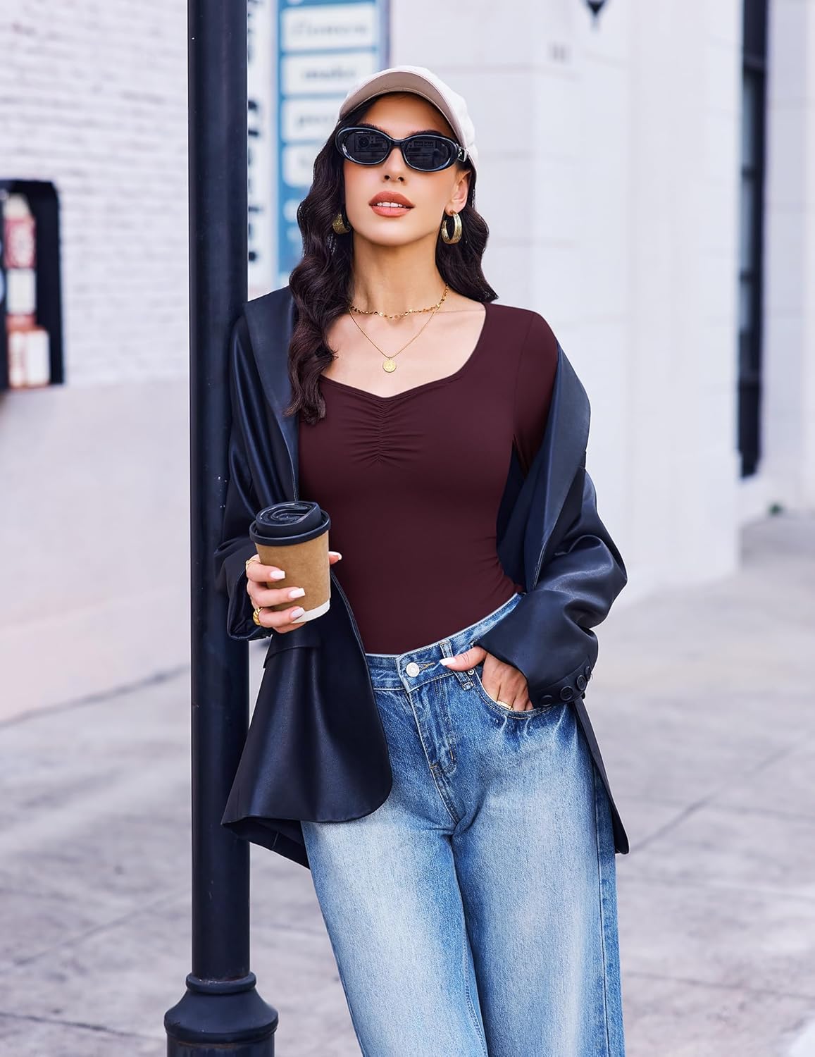 Fitted long-sleeve sweetheart top, deep wine/maroon ruched front