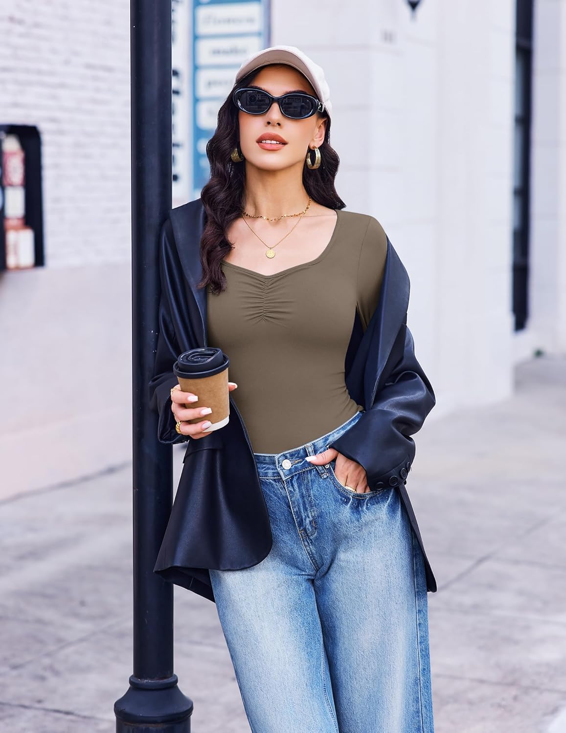 Ekouaer fitted long-sleeve sweetheart top, olive green ruched chest