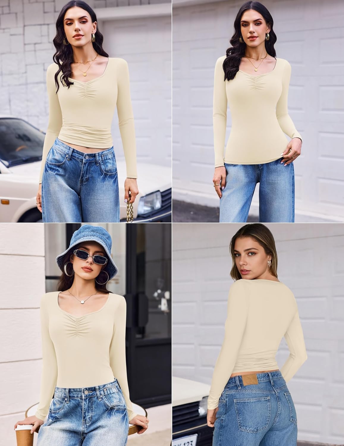 Longsleeve-Top mit Herz-Ausschnitt, figurbetont, cremefarben
