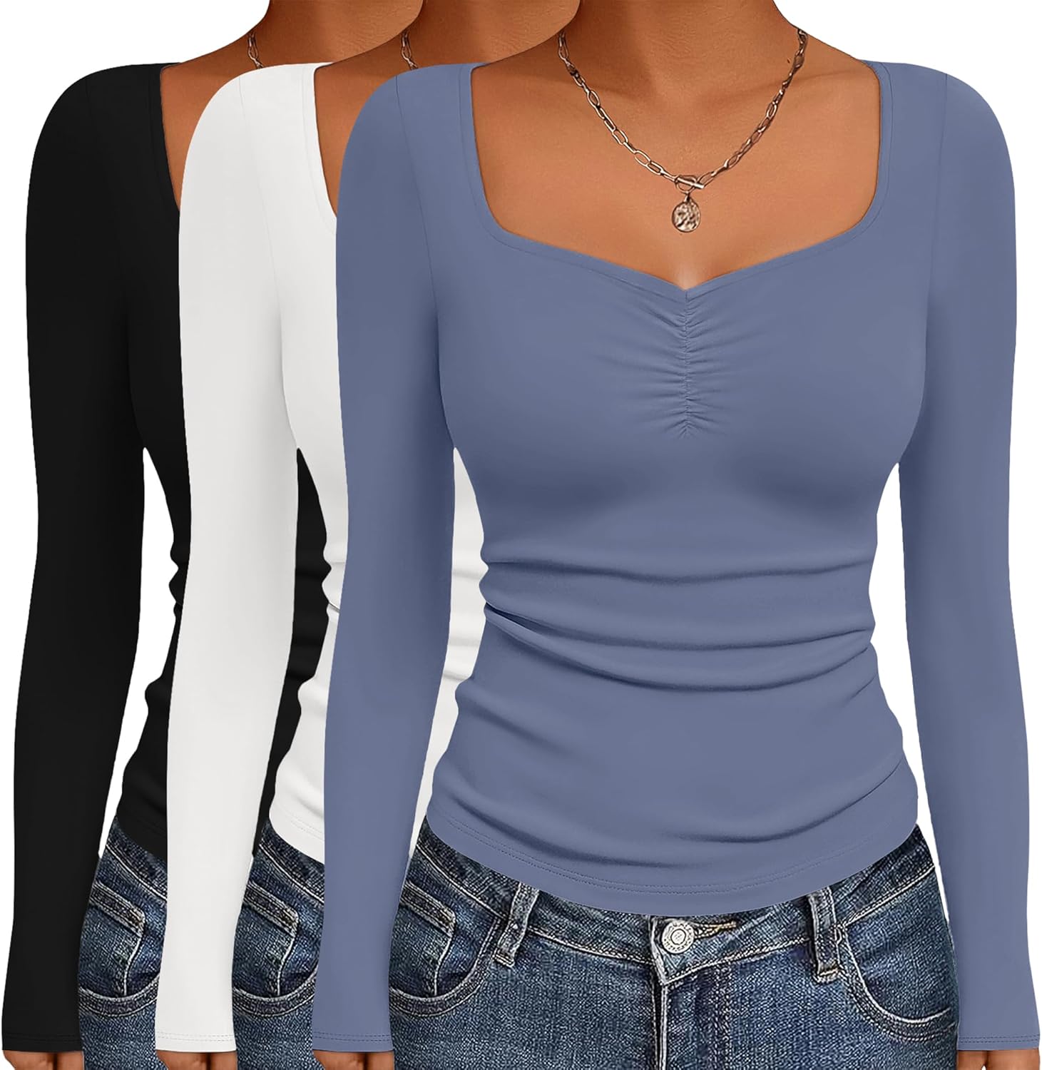 3-pack long-sleeve sweetheart tops: black, white, and blue ruched fronts