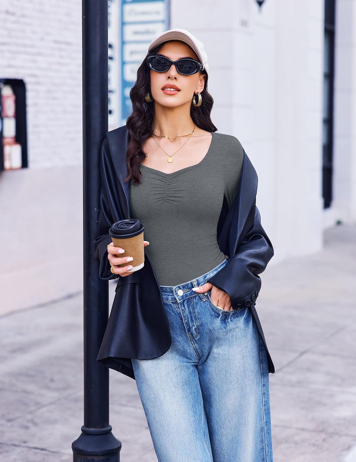 Fitted long-sleeve sweetheart top, dark gray with ruched center