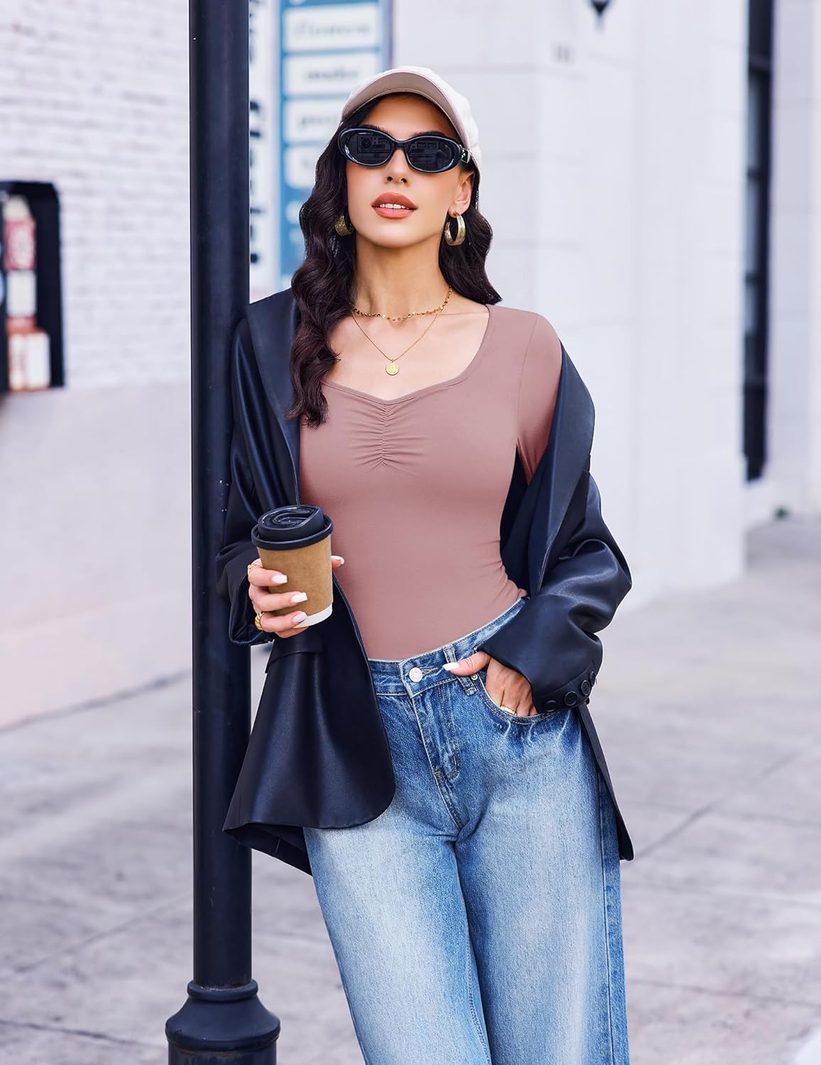 Fitted long-sleeve sweetheart top, taupe/mauve with ruched bust