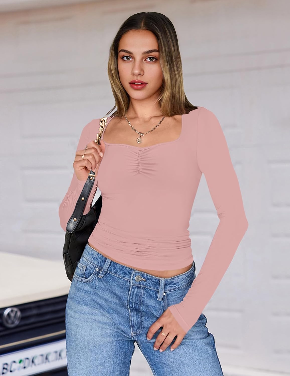 Fitted long-sleeve sweetheart top, dusty pink ruched bust