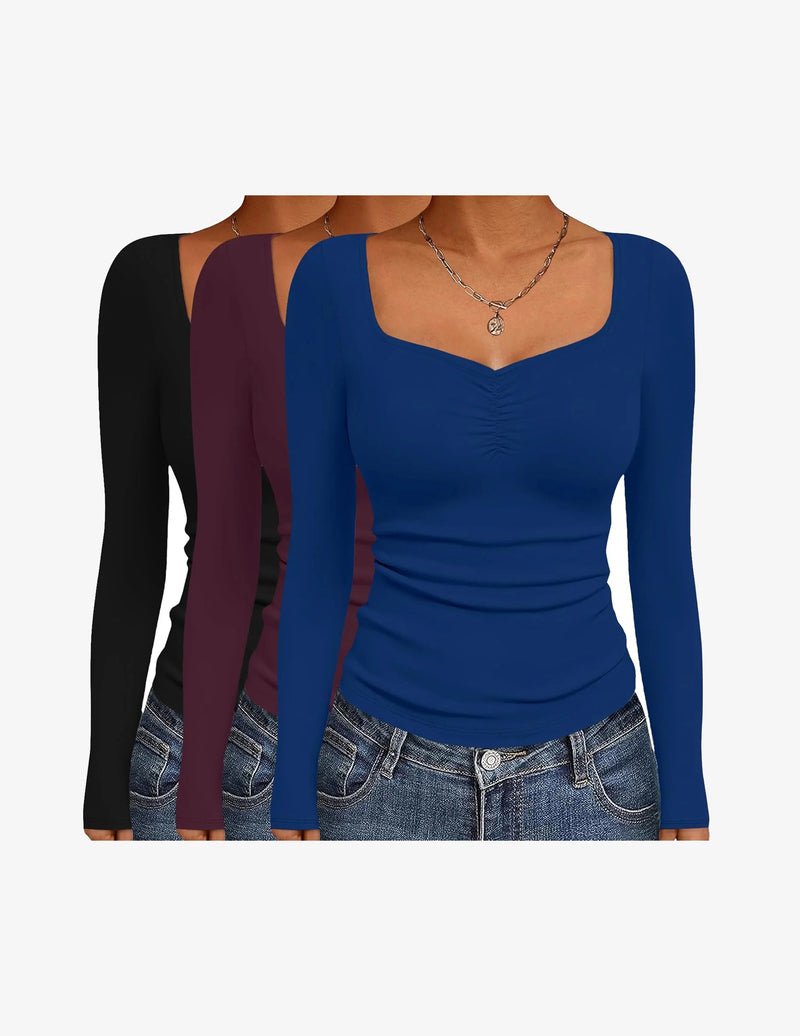 3-pack fitted long-sleeve tops, sweetheart neck: black, wine red, blue