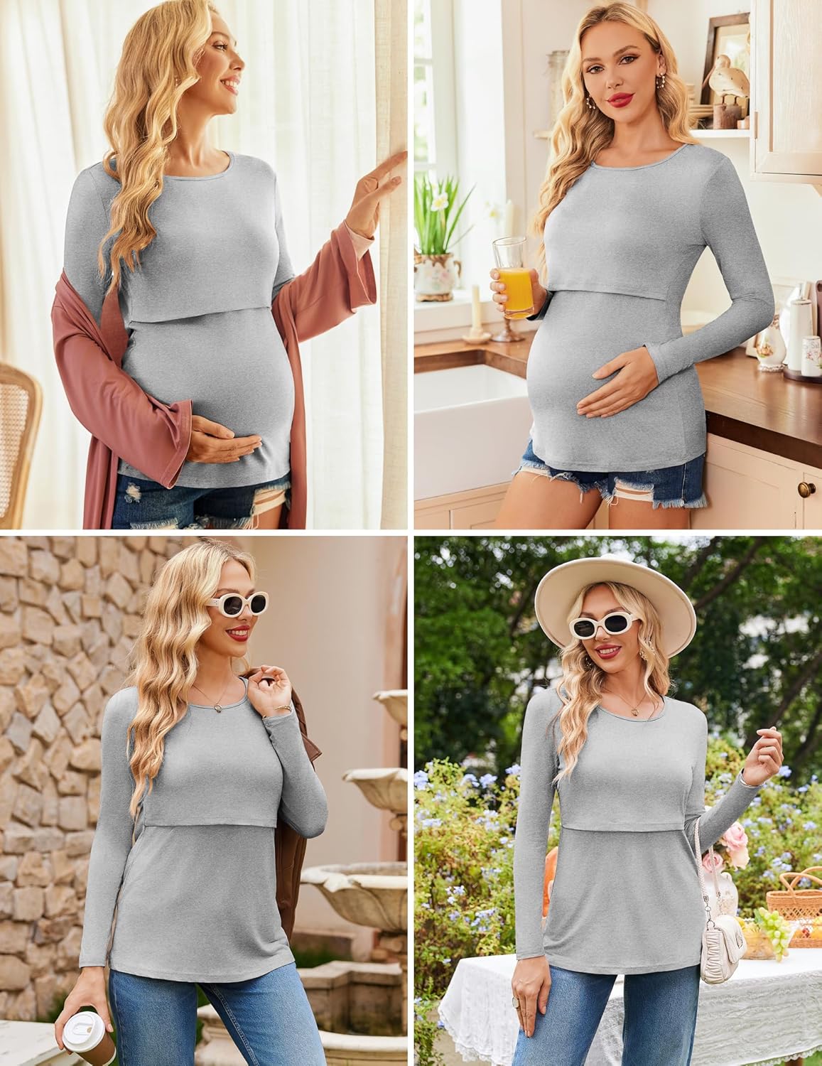 Gray long-sleeve nursing top with overlapping wrap neckline