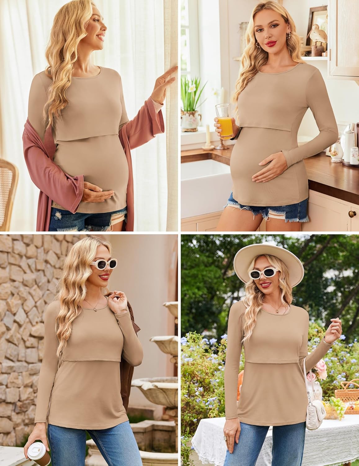 Beige long-sleeve nursing top with overlapping wrap neckline