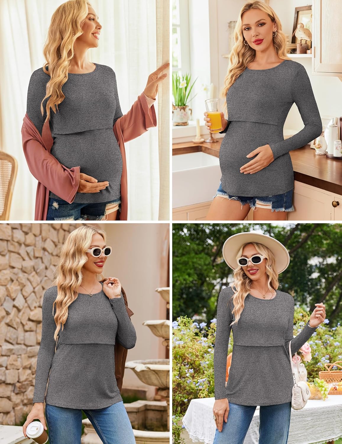 Heather gray long-sleeve nursing top with overlapping wrap neckline