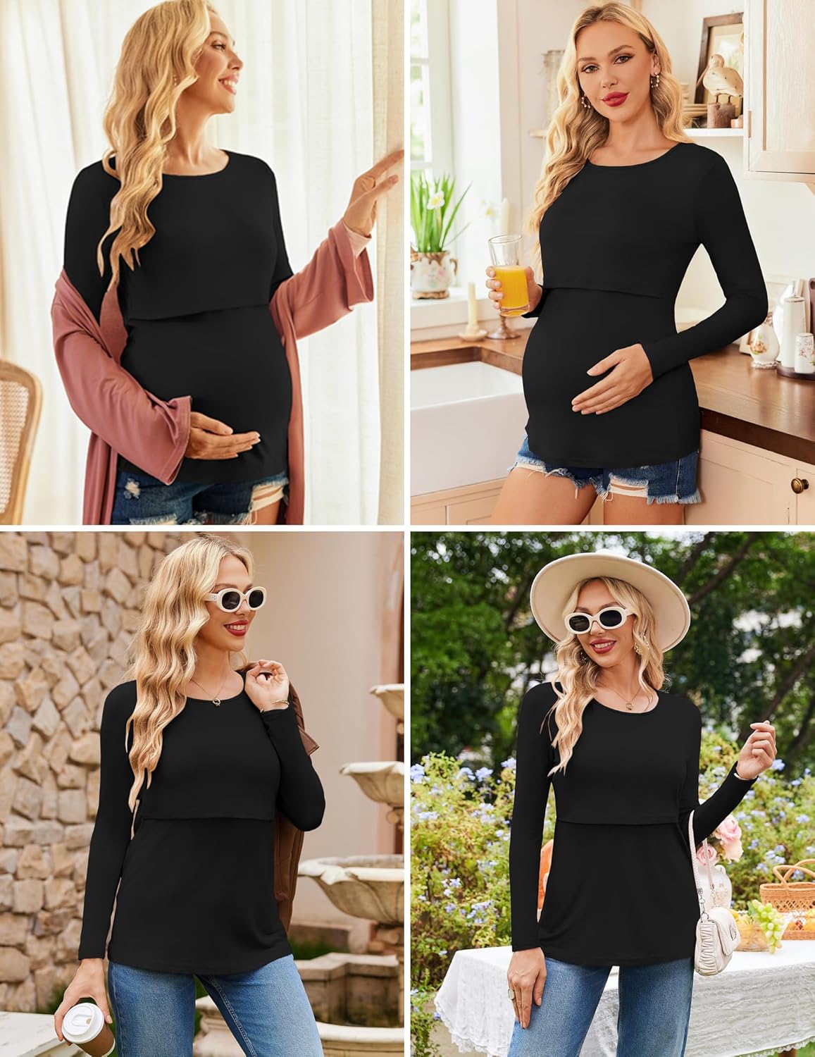 Black long-sleeve nursing top with overlapping wrap neckline