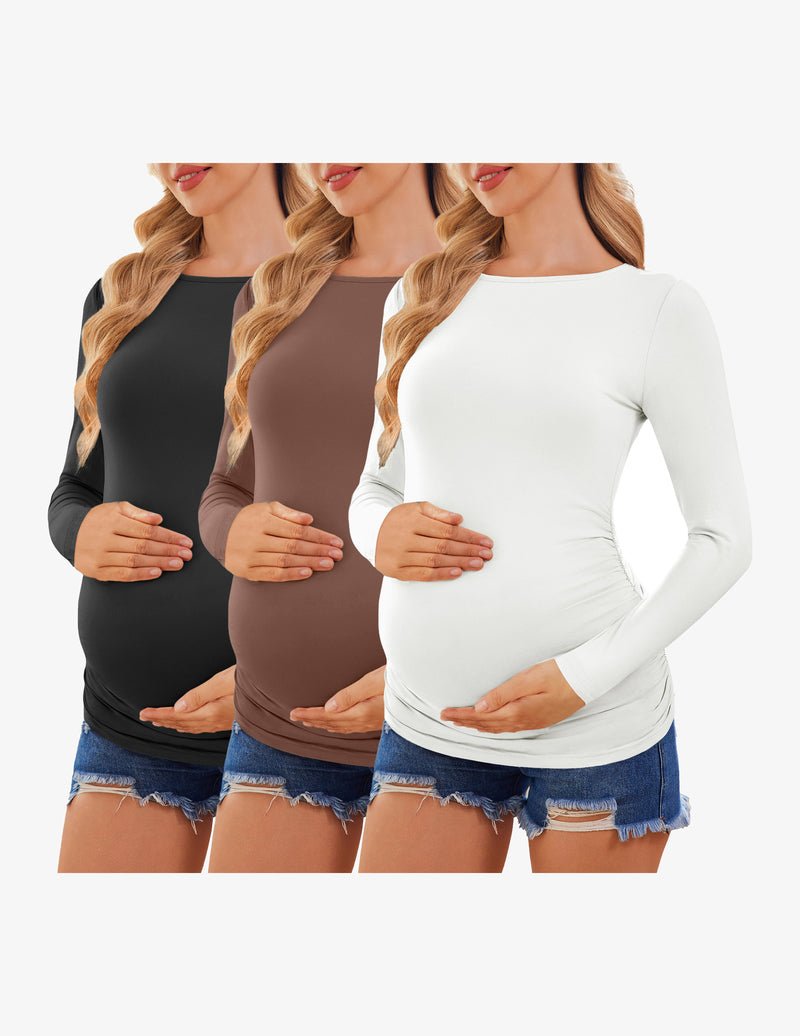 3-pack maternity long-sleeve tunic tees: black, brown, white