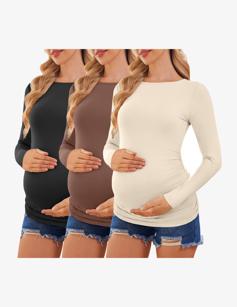 3-pack maternity long-sleeve tunic tees: black, brown, beige