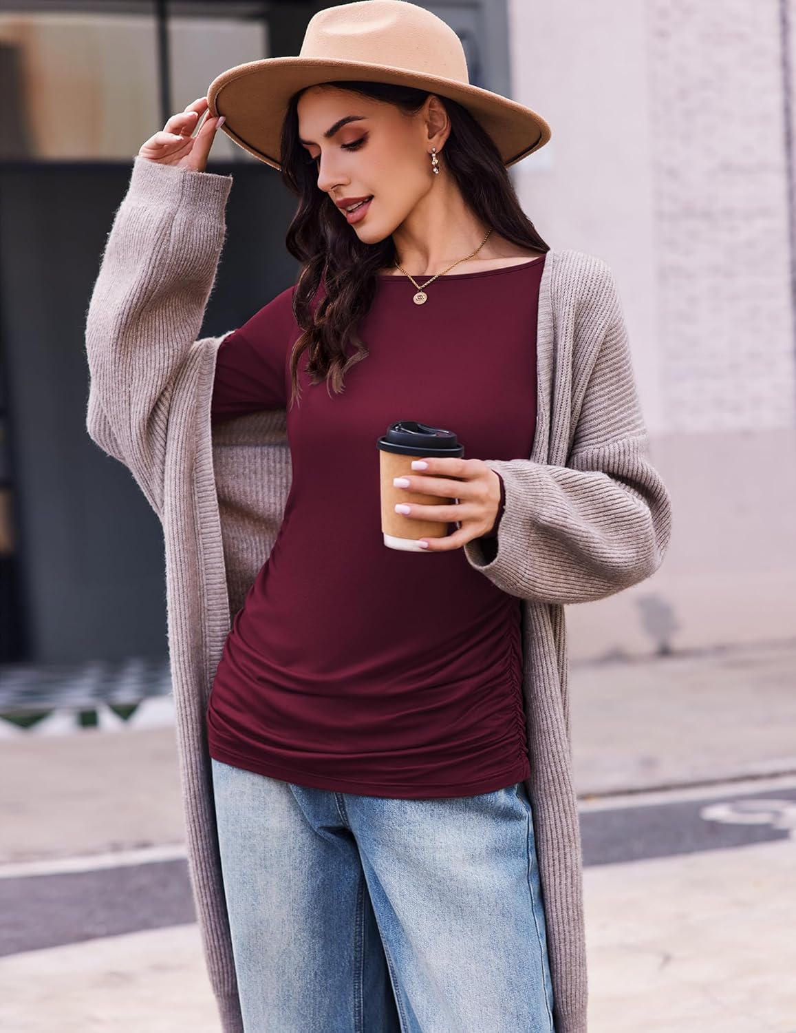 Burgundy long-sleeve maternity tunic tee with gathered front