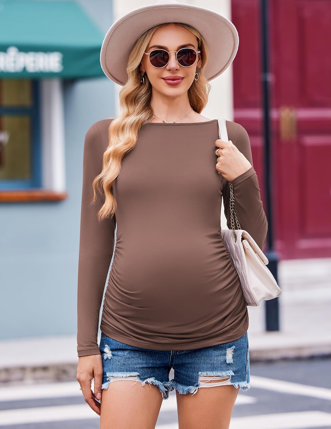 Maternity long sleeve tunic tee, taupe-brown, ruched front