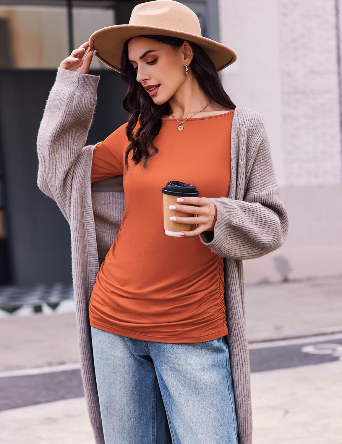 Maternity long sleeve tunic tee, burnt orange, ruched drape