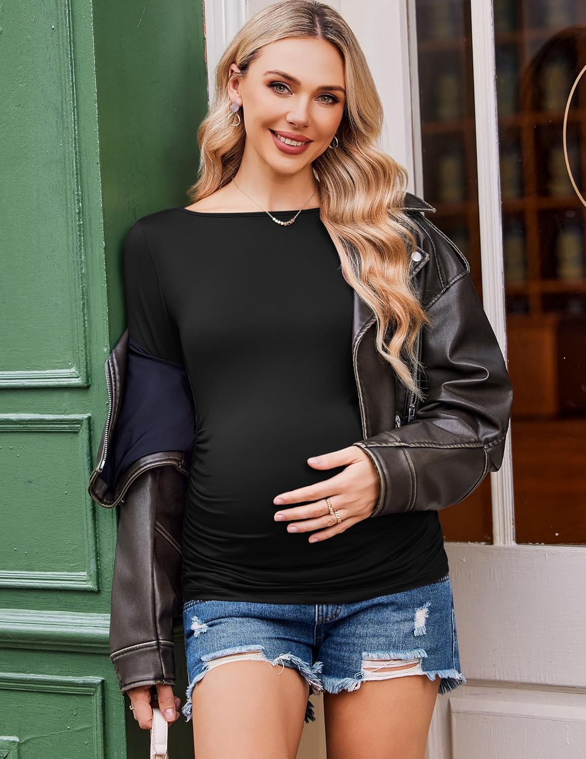 Maternity long sleeve tunic tee, black, draped ruched silhouette