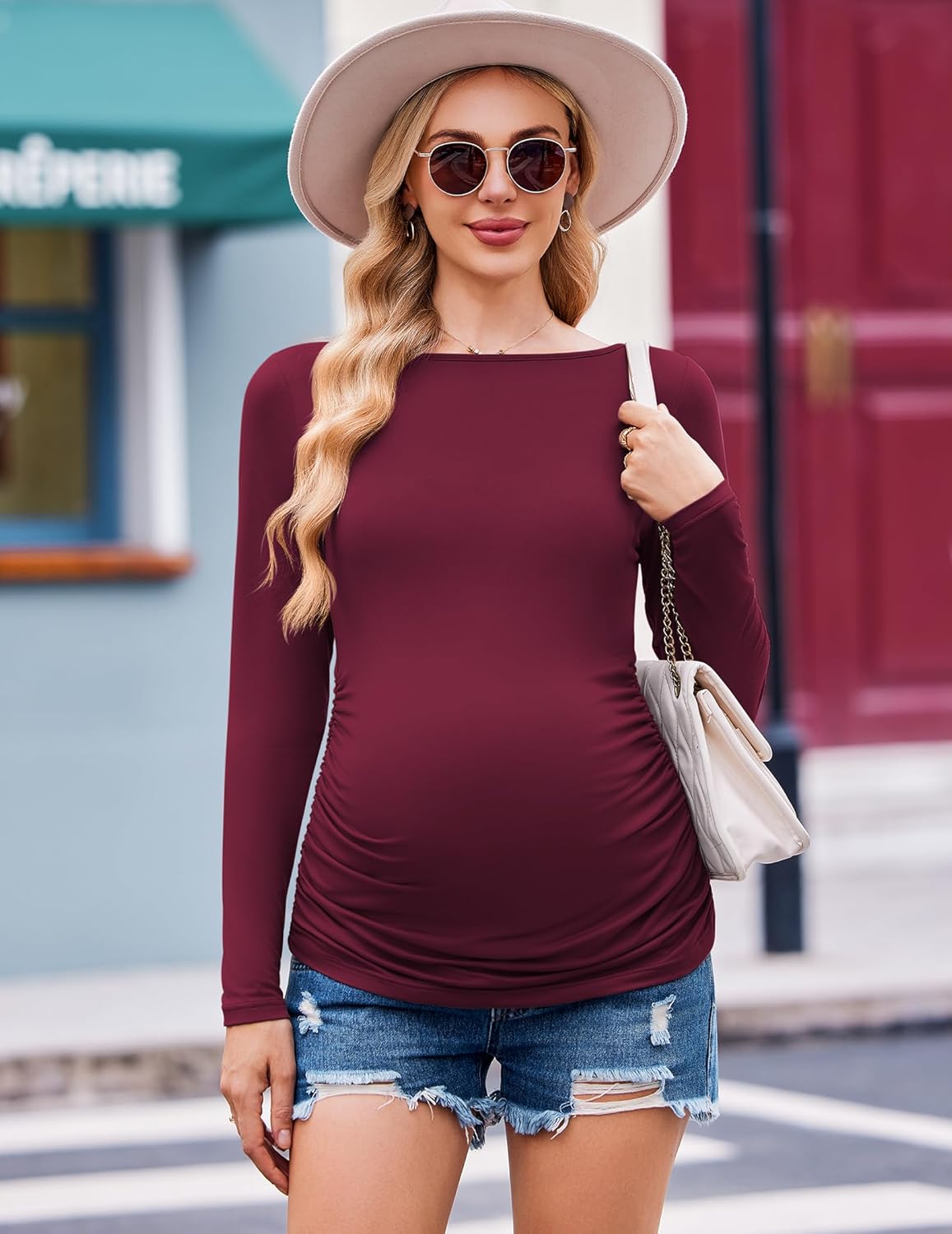 Maternity long sleeve tunic tee, deep burgundy, ruched front