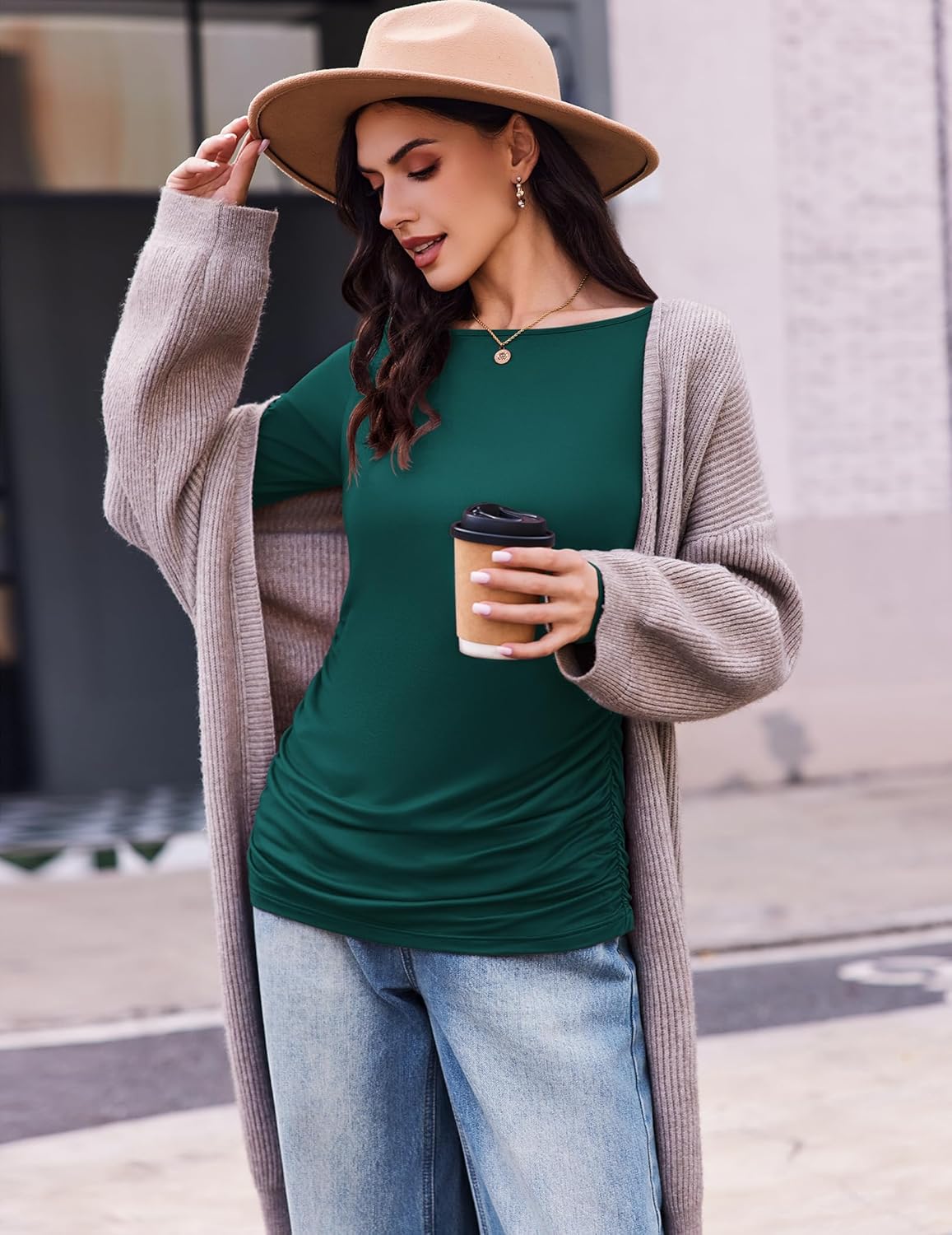 Dark green long-sleeve maternity tunic tee with gathered waist