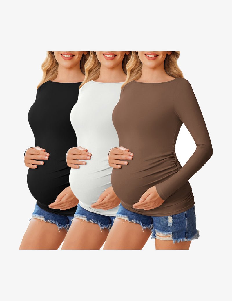 Three long-sleeve maternity tunic tops: black, light gray/white, and brown
