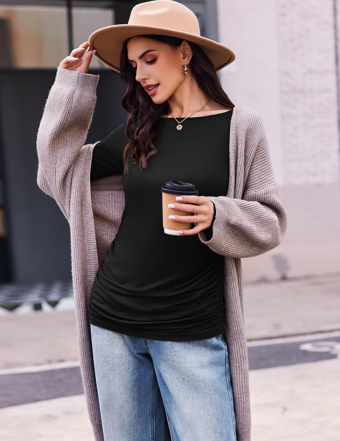 Maternity long sleeve tunic tee, black, gathered side ruching