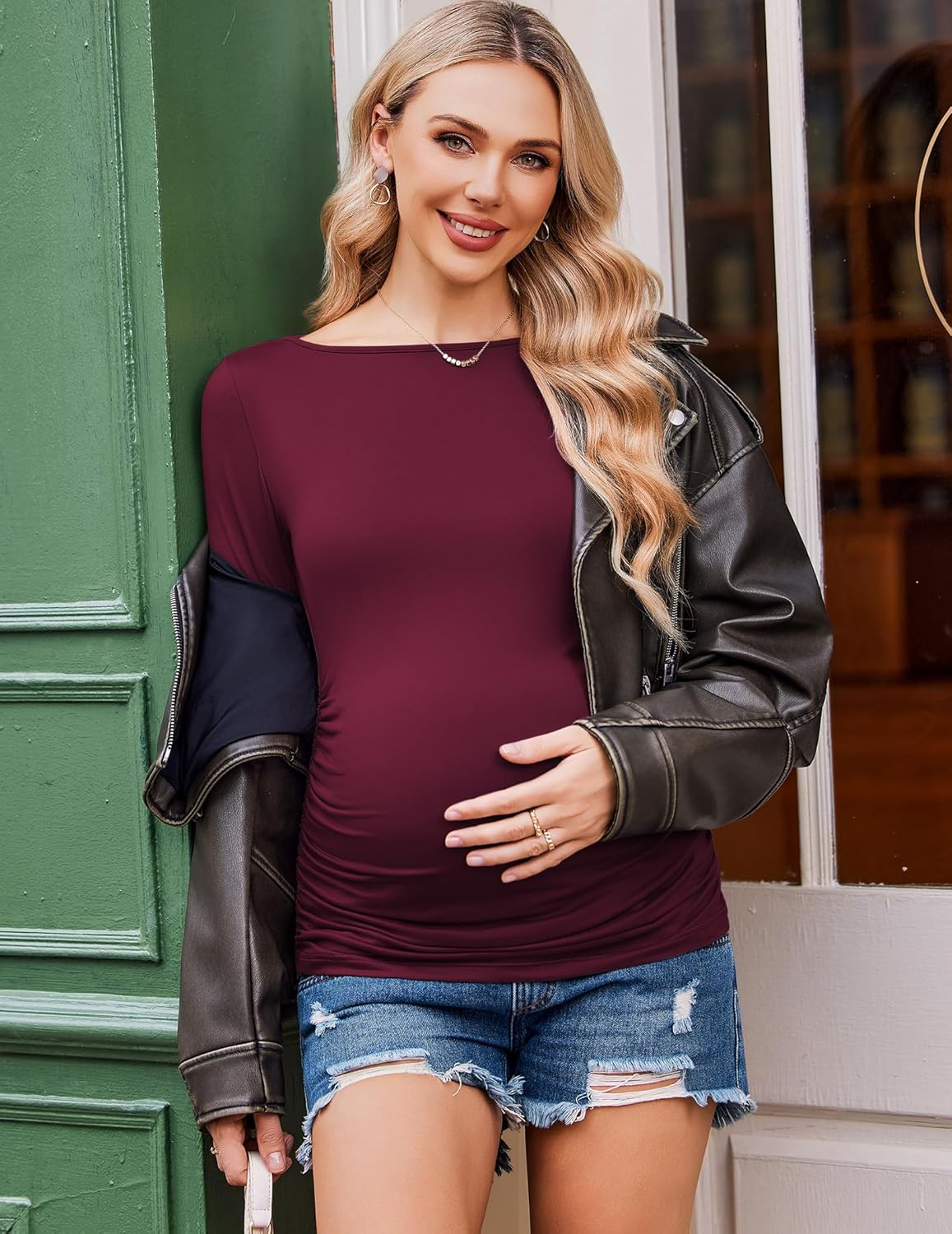 Burgundy long-sleeve maternity tunic tee with side ruching